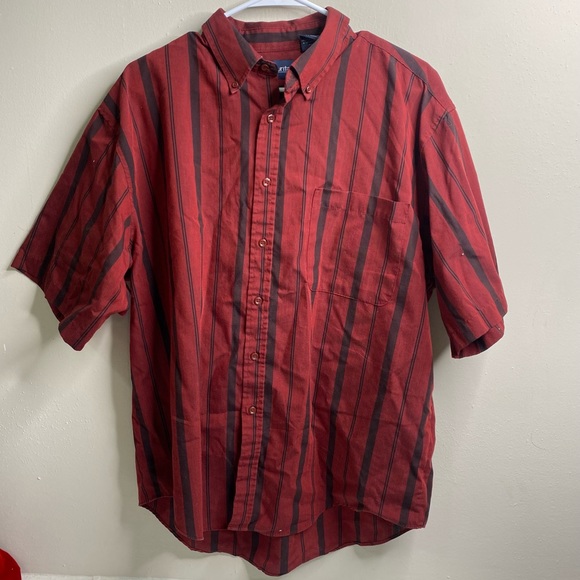 Vintage ‘Puritan’ Mens Short Sleeve Button Up Dark Red and Black Stripe Shirt - Picture 1 of 9